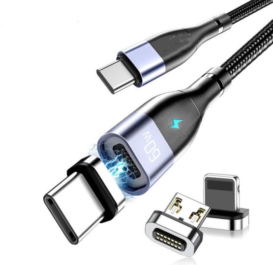 3 IN 1 – MAGNETISCHE OPLAADKABEL USB-C (PD) NAAR IPHONE/USB-C/MICRO-USB – KABEL 1 METER