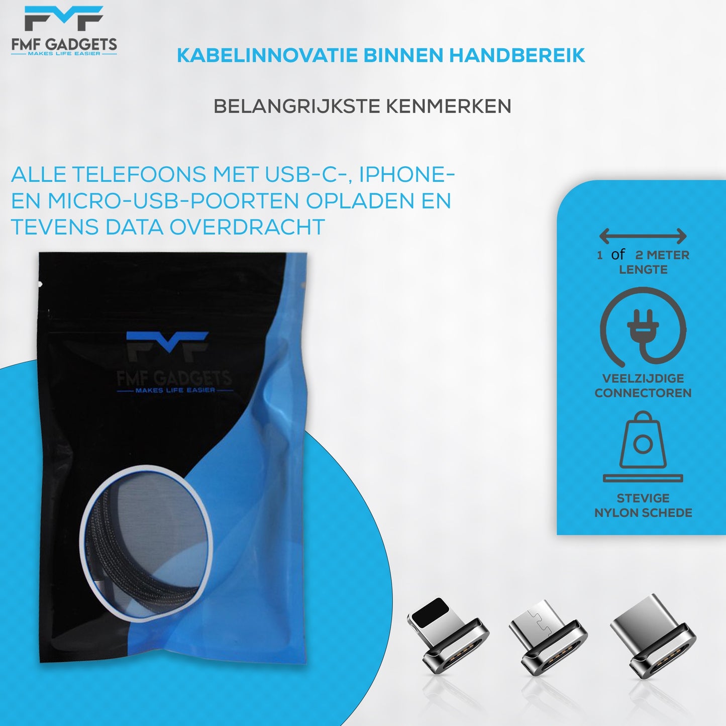 QC3 – 3 IN 1 – MAGNETISCHE OPLAADKABEL – DATA EN CARPLAY KABEL