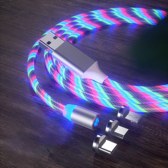 3 IN 1 – MAGNETISCHE OPLAADKABEL – 1 OF 2 METER - LED MULTICOLOR