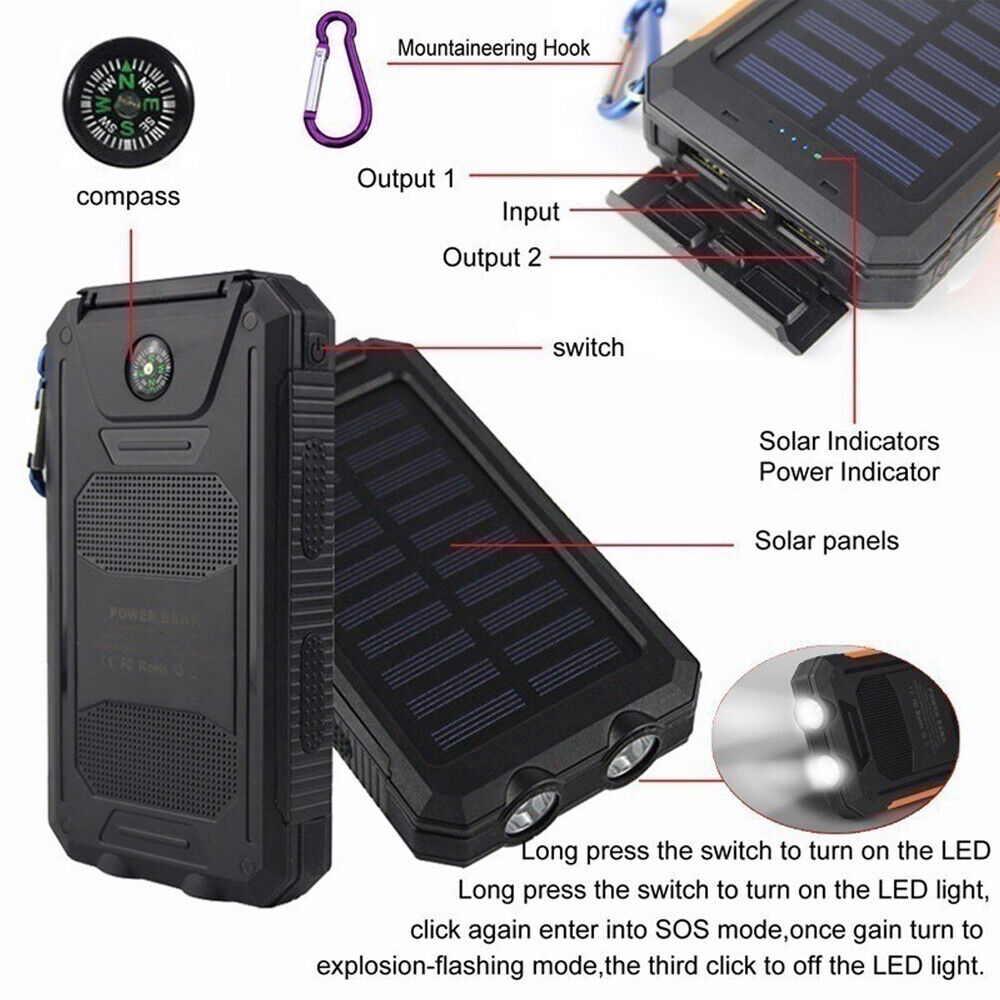 10.000 mAh Solar Power Bank Waterdichte 2USB LED Batterij Oplader Voor Mobiele Telefoon
