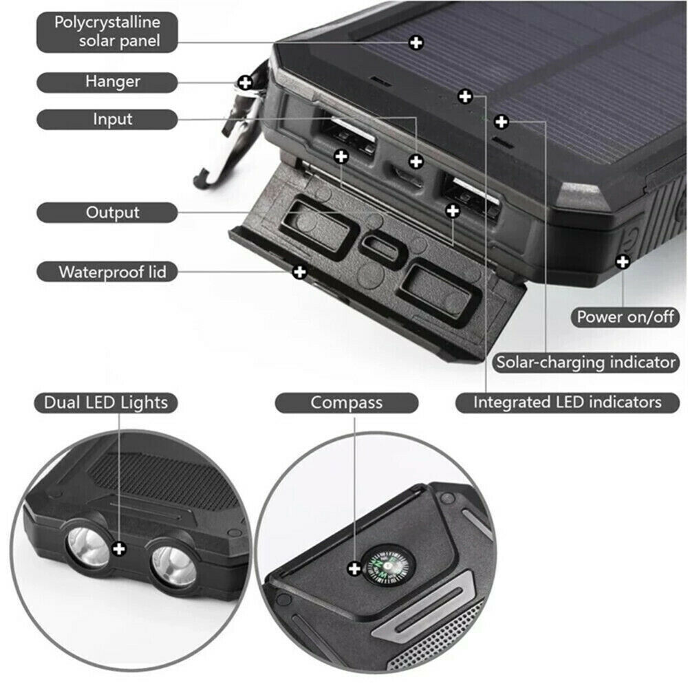 10.000 mAh Solar Power Bank Waterdichte 2USB LED Batterij Oplader Voor Mobiele Telefoon