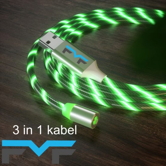 3 IN 1 – MAGNETISCHE OPLAADKABEL – 1 OF 2 METER - LED GROEN